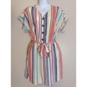 Hint Of Blush Ivory Multicolor Striped Half Button Strap Tie Dress Size‎ L